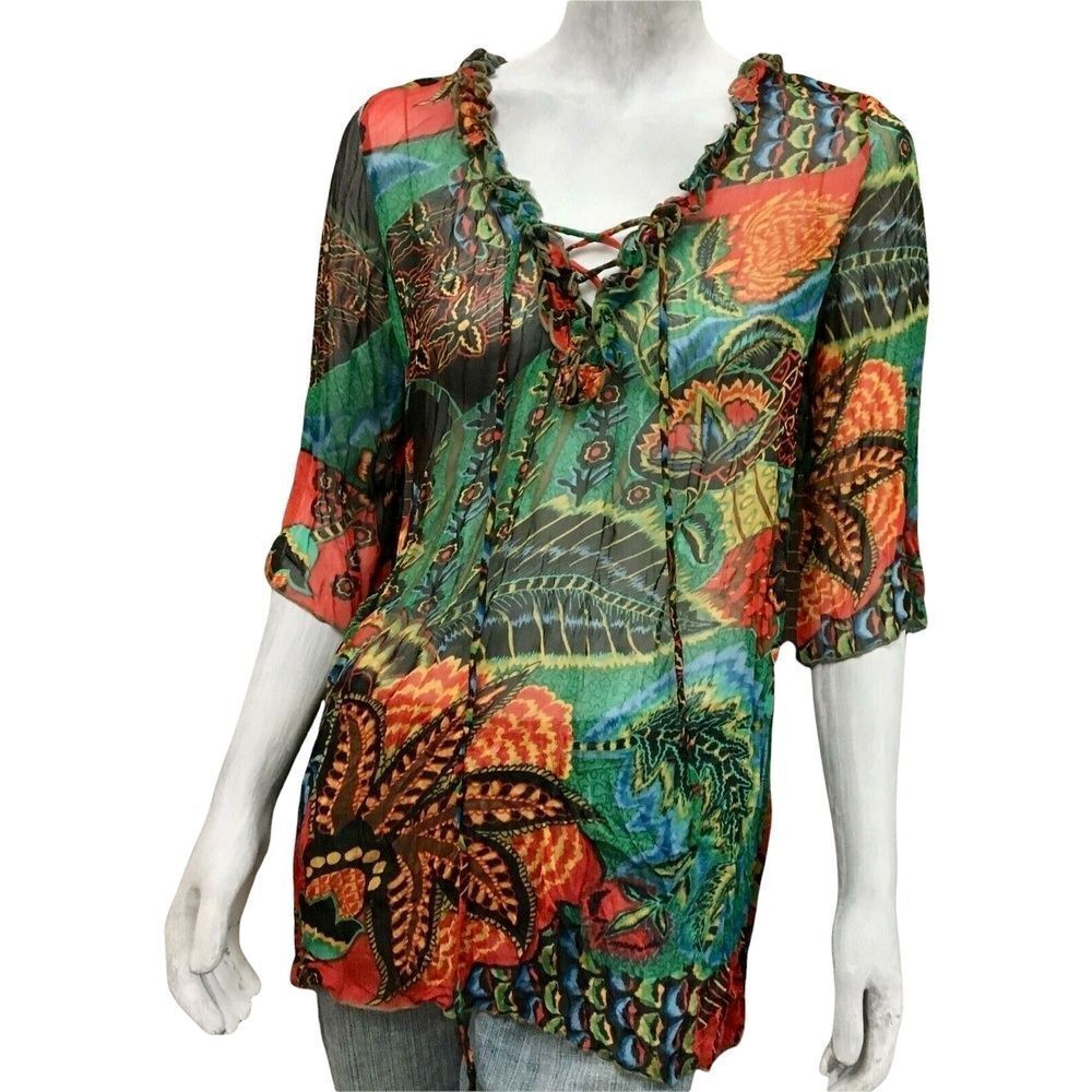 Lucy & Co. Womens Top Green Orange Jungle Print Lace Up Half Sleeve Sheer S